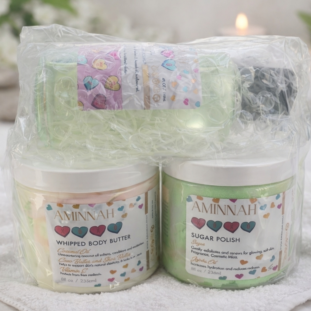 Title:Aminnah Body Care Bundle – 8oz Whipped Butter, 8oz Sugar Polish & 4oz Oil - Picture 2 of 2